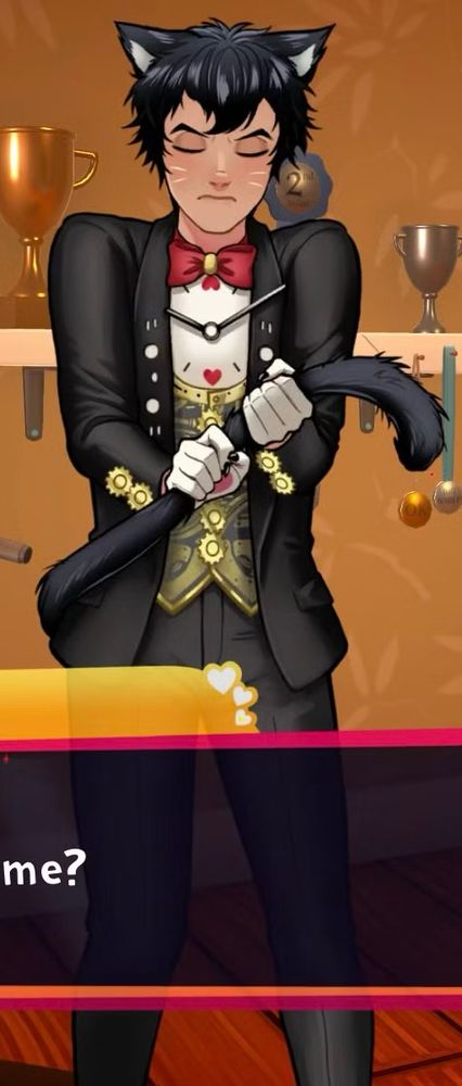 Timothy Timepiece stressed, grabbing his tail pose from the game Date Everything