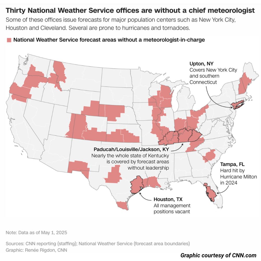 CNN.com graphic showing impact of National Weather Service reduction in force and areas without a meteorologist-in-charge