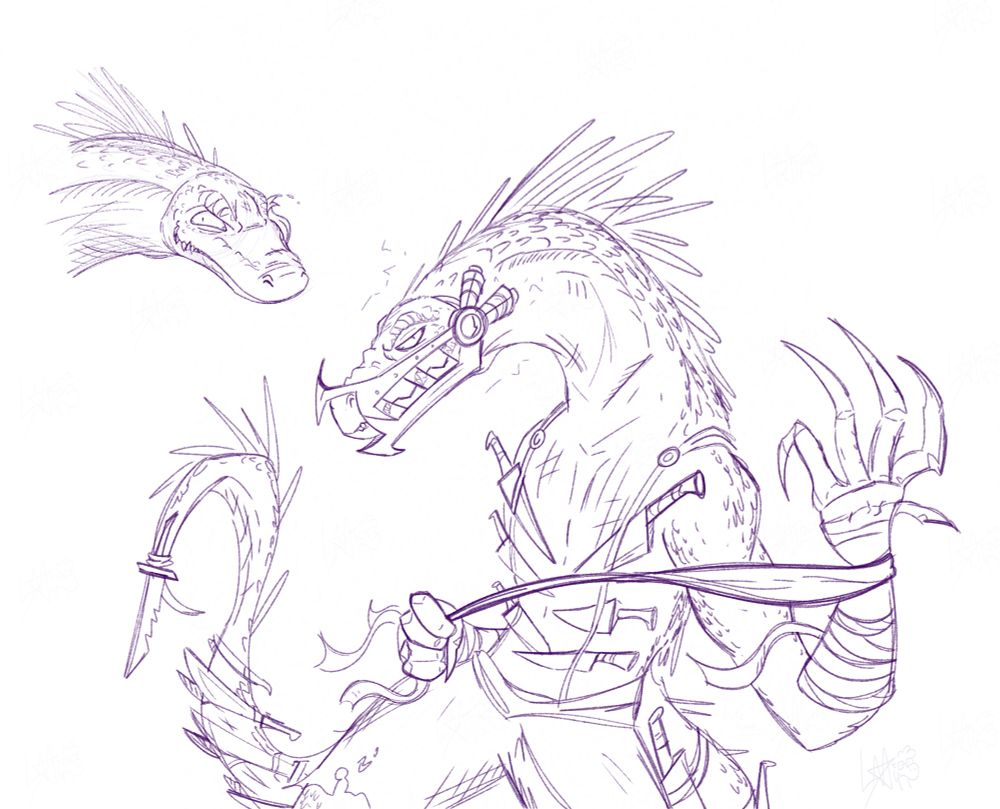 Sketches of a lizardfolk from D&D. One sketch is a headshot of him licking his eyeball with a bloodthirsty expression. Another has him wearing a bear trap on his jaw, with bracers and wraps on his arms. He is covered in his holstered daggers and has one strapped to his tail. 