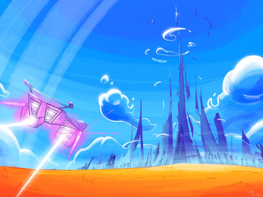 A hovering sci-fi vehicle with four thrusters speeding towards a large abandoned city in the middle of a field. There are clouds and planet rings in the sky