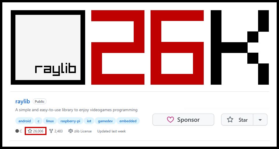 raylib surpassed the 26000 stargazers on GitHub! 