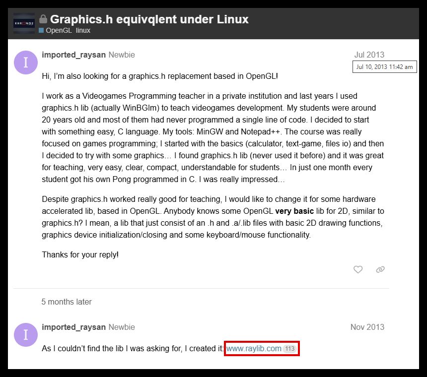 12 years ago, asking for raylib on official OpenGL forums
