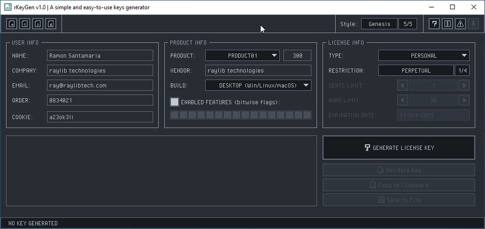 rKeyGen preview, a simple and easy-to-use keys generator for software licensing.