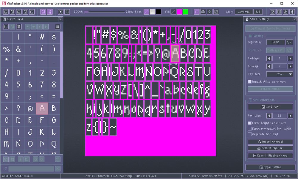 rTexPacker 5.0, testing font atlas generation, forcing glyph sprites height and magenta background fill!