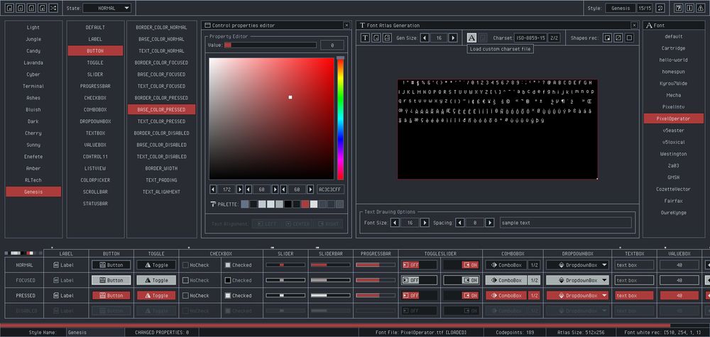 rGuiStyler 6.0, a styles designed tool for raygui library, showing the new "Genesis" style, created with the same tool.