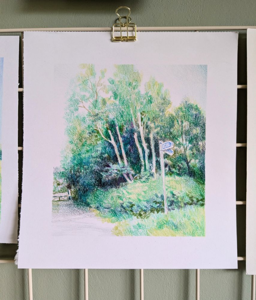 drawing of trees, footpath sign, greenery