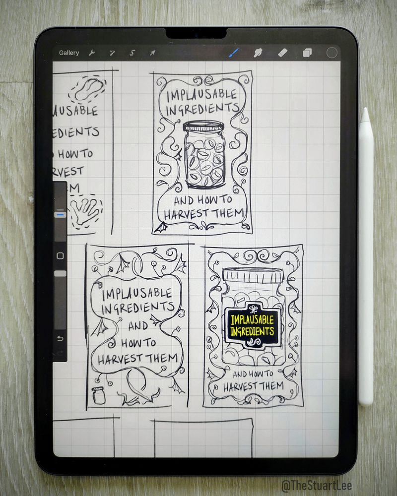 Photograph of an iPad showing thumbnail sketches for the book cover