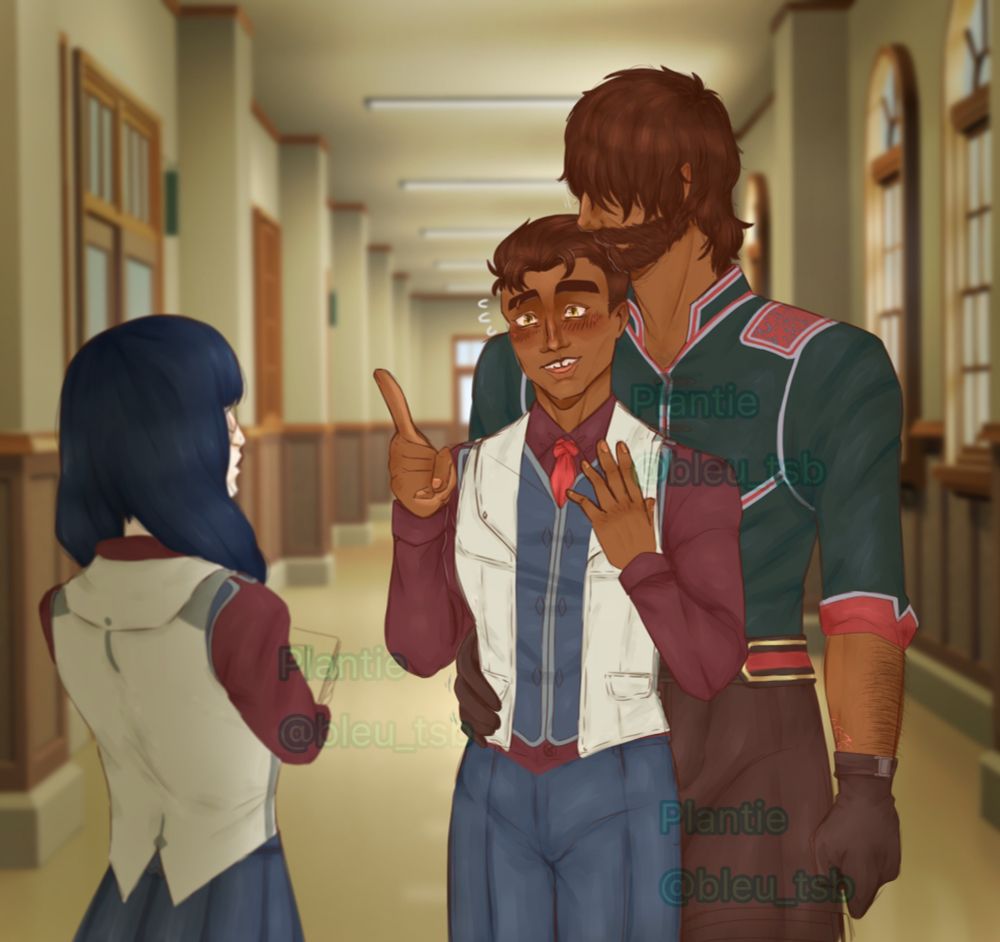 art of three people standing in a hall with two talking: Jayce academy version standing talking with a smile and blushing, Jayce season 2 version face in the first Jayce's hair with a hand down the other's waist, and a third NPC character with her back to the camera. This is Jaycest fanart