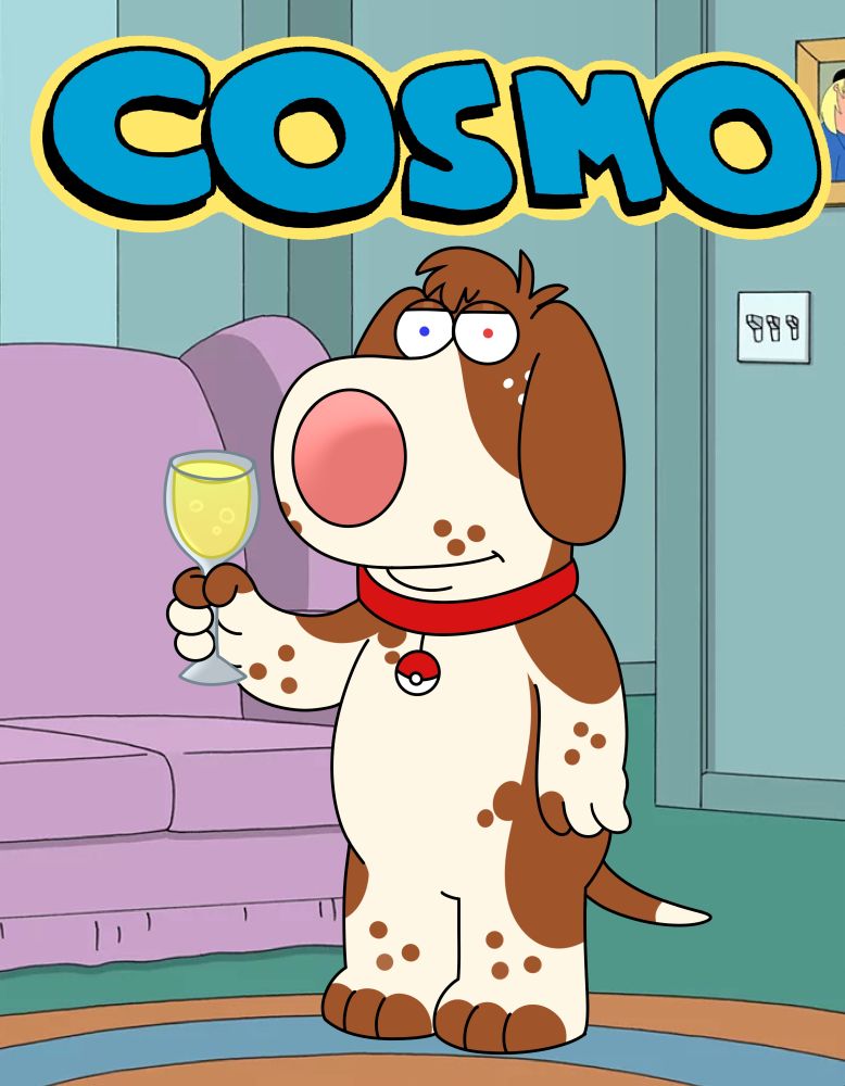 An anthro pormorphic dog drawn over Brian Griffin from Family Guy standing in the Griffin family living room holding a glass with green drink , green floor and walls, orange and blue carpet and a purple sofa in the background