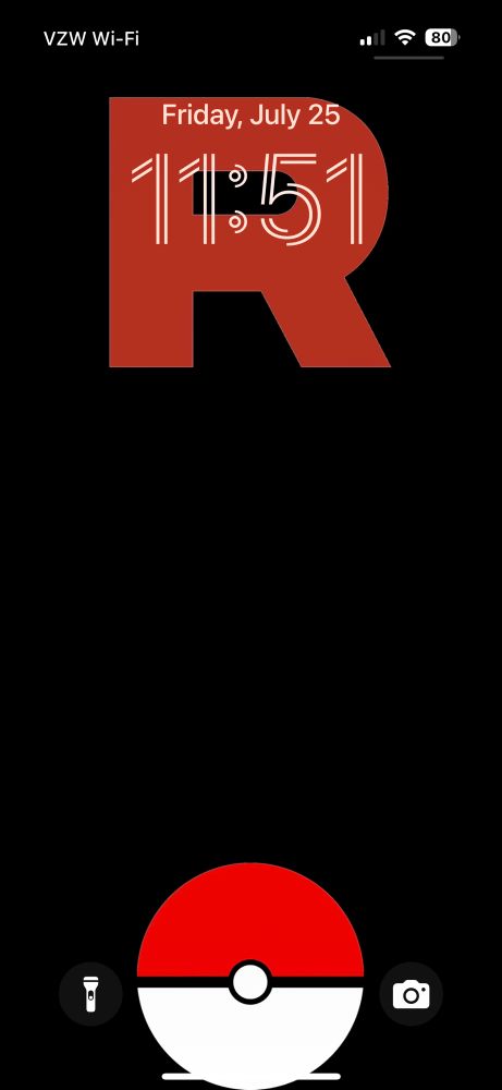 Screenshot of my lock screen. It features the Team Rocket R logo behind the clock near the top of the screen, and a flat PokeBall design at the bottom. The time and date read 11:51 on Friday, July 25