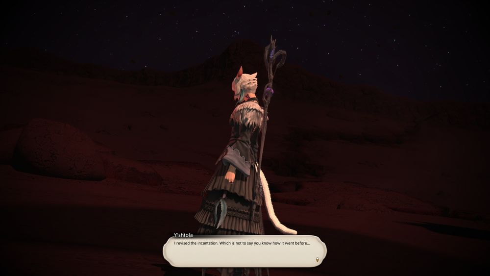 Screenshot of Y'shtola on the moon in the Thirteenth

Y'shtola: "I revised the incantation. Which is not to say you know how it went before."
