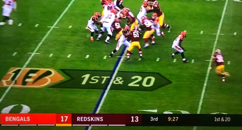 Screenshot of a Fox NFL preseason broadcast from 2017 between the Bengals and (former) Redskins