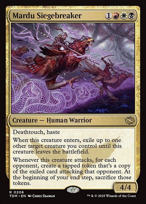 A Magic: the Gathering card named "Mardu Siegebreaker" pictured with fantasy soldiers riding armored chickens. Purple snakes made of lightning charge beside them. Yes, it's that rad