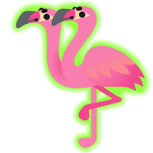 a green glowing flamingo emoji with two heads from combining ☢️ and 🦩https://emojikitchen.dev/