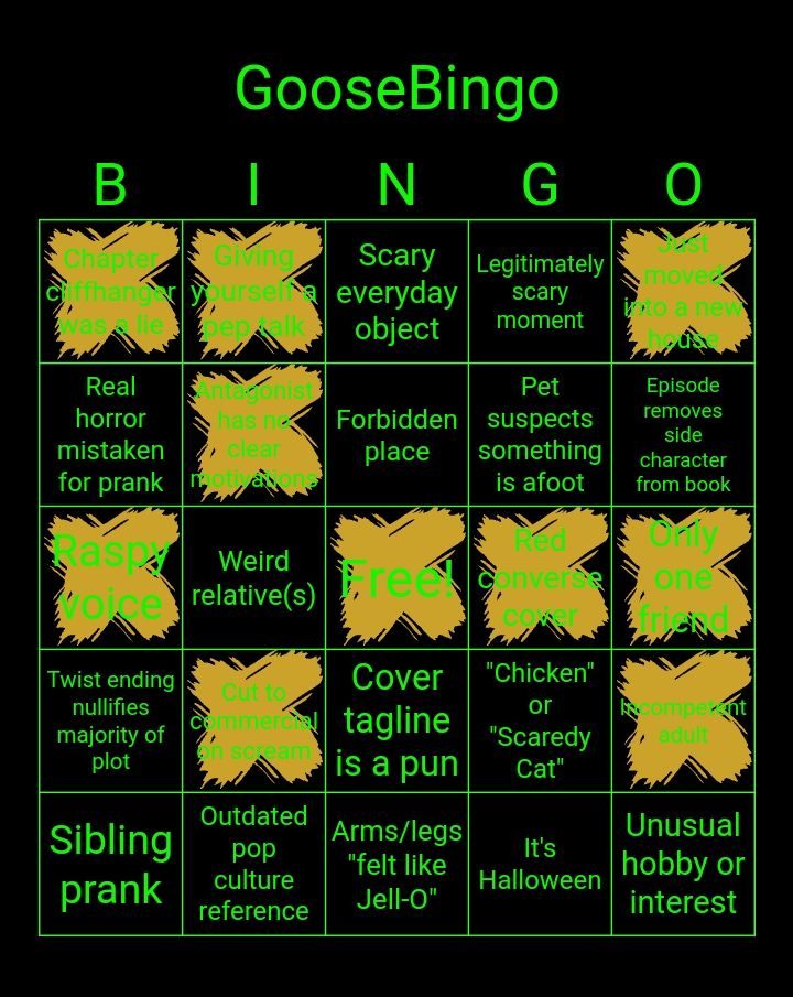 Goosebumps bingo card