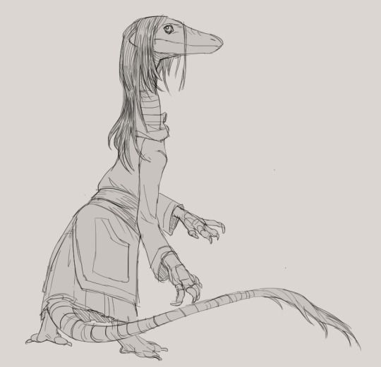crocodile girl unnaturally elongated. she has messy hair and wears big clothes
