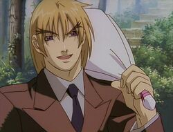 Ken de street fighter de terno, sorrindo com um buque