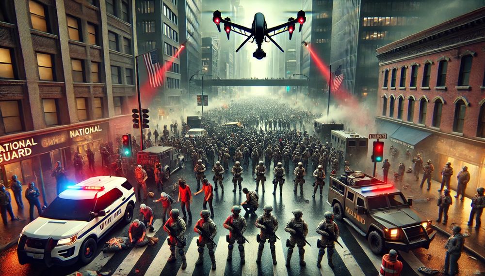 Illustration for the criminalization of dissent—featuring National Guard troops in riot gear confronting protesters, surveillance drones scanning the crowd.