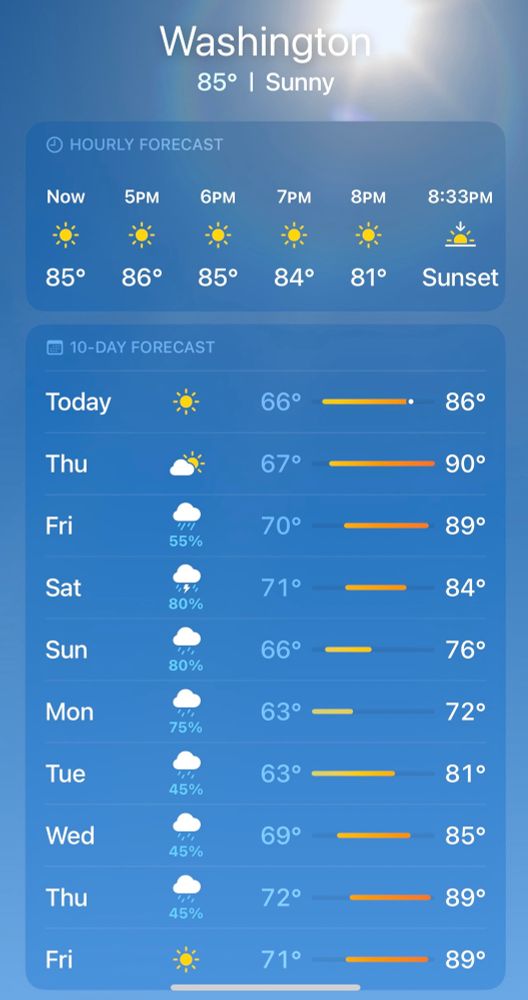 Screenshot of the weather app showing 80% rain on June 14th.