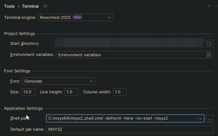 Screenshot of the Terminal settings panel in JetBrains rider.

The key part is the "Application Settings" section with "Shell path" set to the msys2_shell script. It reads as follows:

C:\msys64\msys2_shell.cmd -defterm -here -no-start -msys2