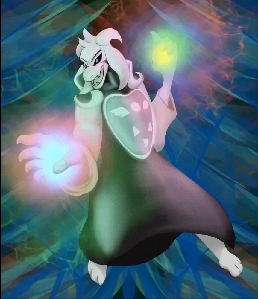 Asriel Dreemur floats in the air with magic in hand.