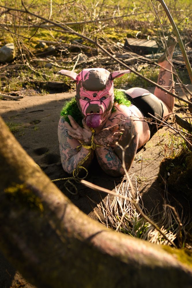 I lay in a mud puddle with a pink neoprene pig hood, mud on the nose and the top, green curls hanging out the back. 
My wrists are tied with yellow utility rope, my ass exposed and my mud-caked feet visible through the trees. 