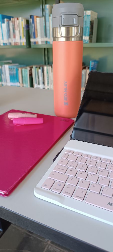 Foto de uma mesa numa biblioteca universitária. Sobre essa mesa, estão uma garrafa de água Stanley cor de rosa, além dois marcadores, um caderno e o teclado externo do tablet em diferentes tons de rosa.