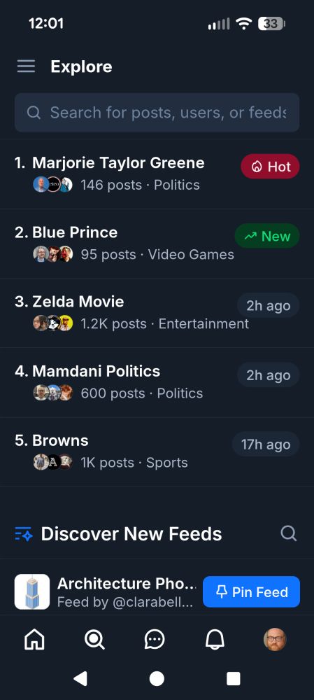 Screenshot of the trending section of the explore tab on Blue sky