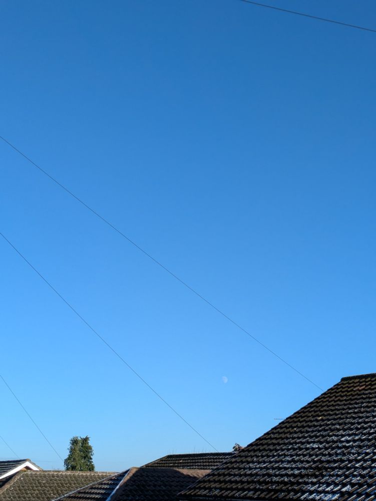 A photo of a brilliant blue sky with a faint gibbous moon visible in the bottom right quadrant between phone lines. There are house roofs visible at the bottom of the photo.