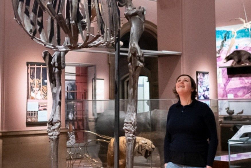 Josie Long looking at an animal skeleton in a museum
