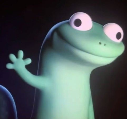 A CGI generated Lizard with big eyes raising its hand