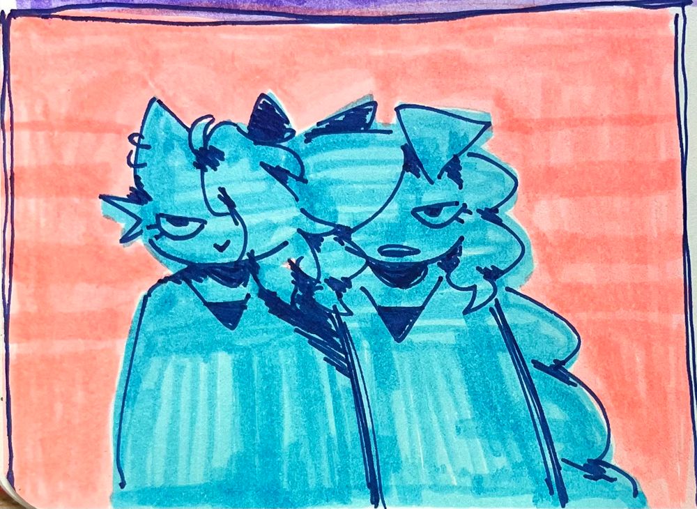 a cat and a dog character with blue colors stand close together, glaring towards the viewer. a contrasting pink background behind them. made with highlighters and a fine tip pen.