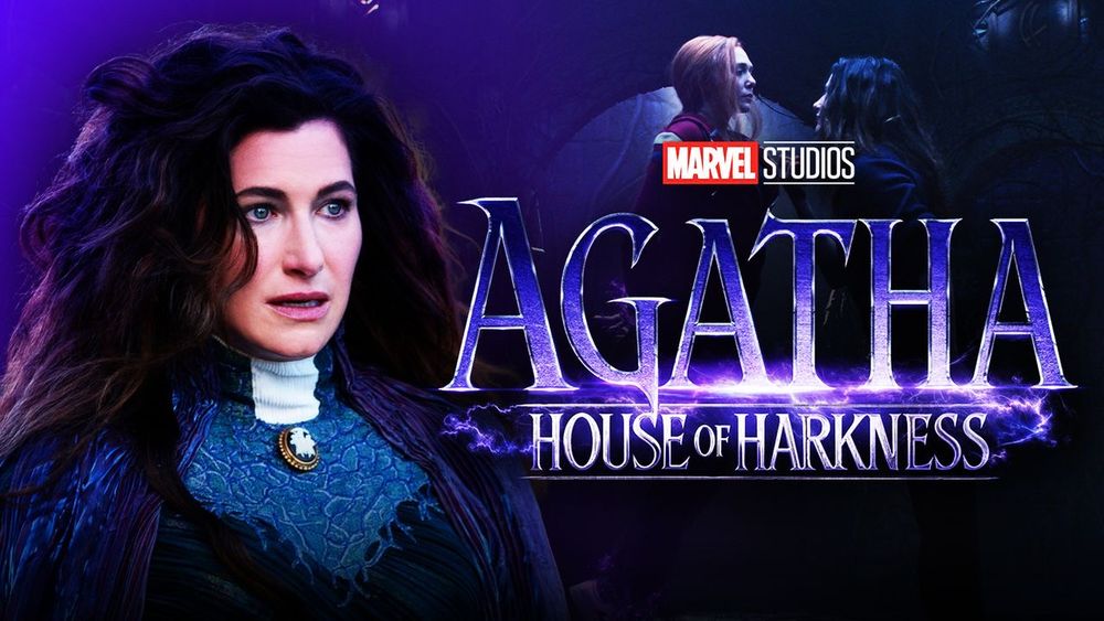 Graphic for your new favorite TV show “Agatha: House of Harkness” featuring a promotional still of Kathryn Hahn