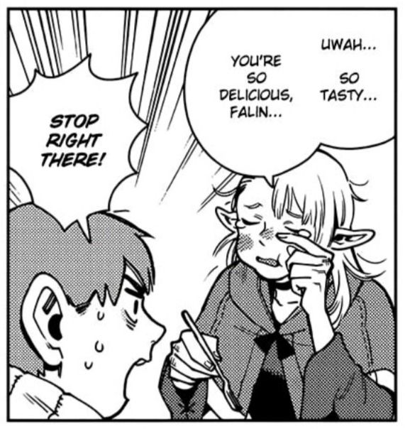 Marcille crying tears of joy saying “uwah… so tasty… you’re so delicious, Falin” as chilchick shouts “STOP RIGHT THERE” due to his intense homophobia