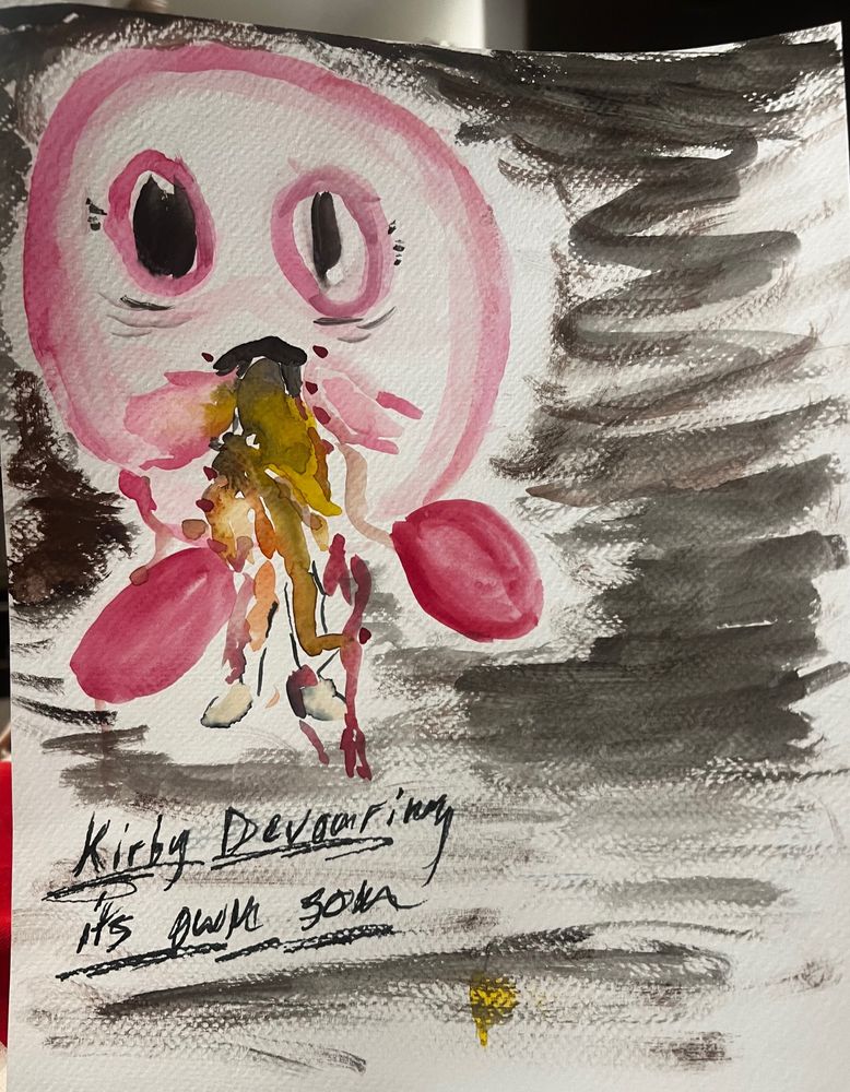 Watercolor painting of Kirby devouring its son after Francisco Goya’s “Saturn Devouring His Son”