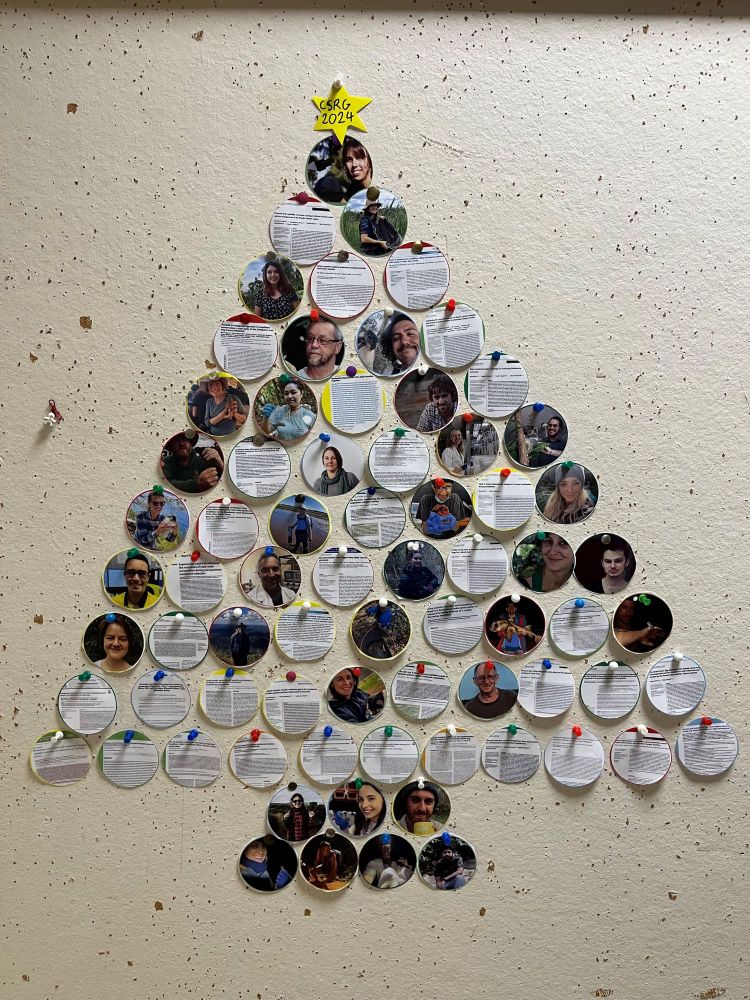 Photos of staff and students in the shape of a Christmas tree alongside some of their papers.