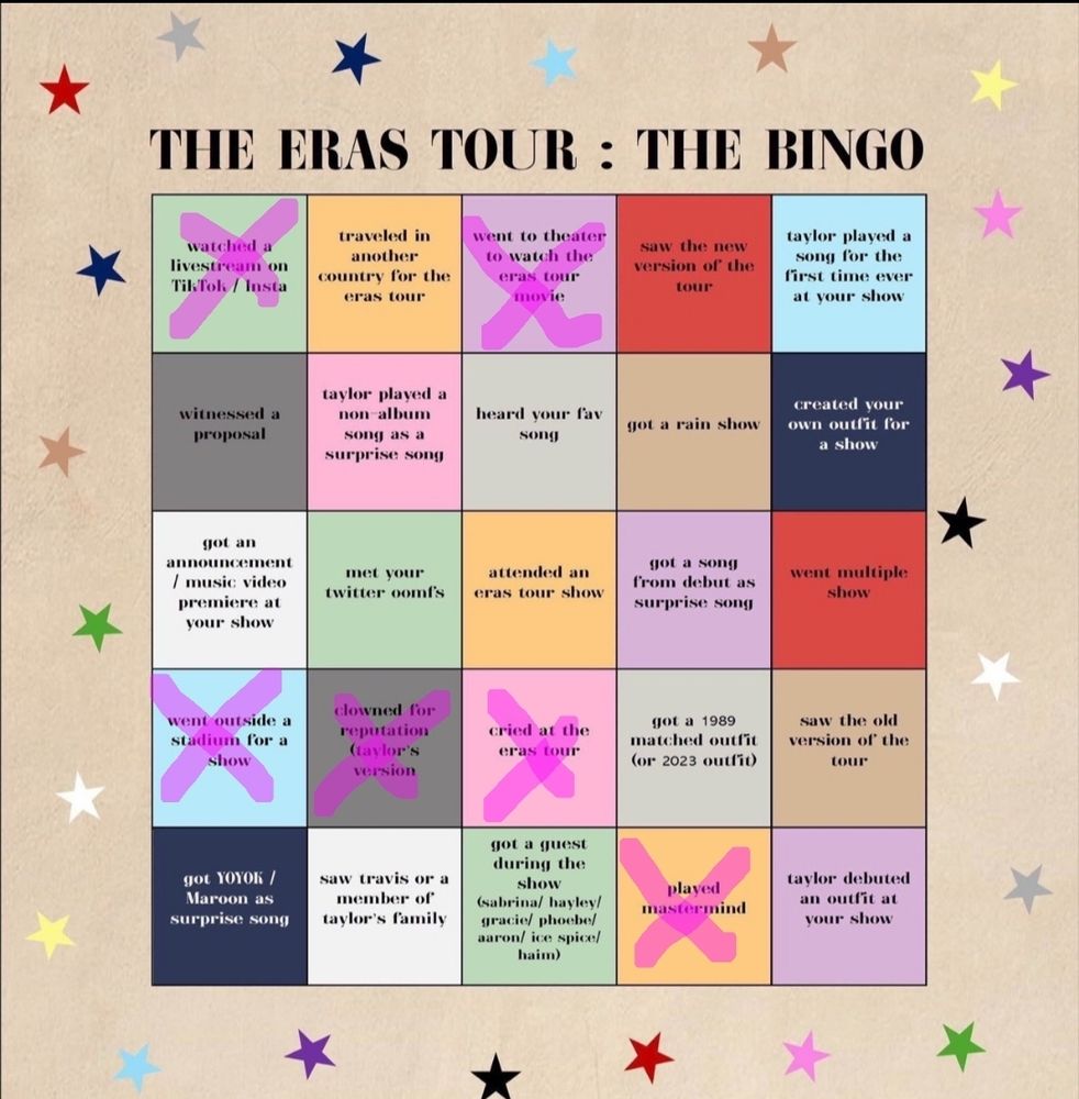 eras tour bingo filled out
selected spots; watched a livestream, went to a theater to watch the eras tour movie, went outside a stadium for a show, clowned for rep tv, cried at the eras tour, played mastermind
(no bingo made)