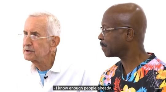 Two men. The older one is saying "I know enough people already"