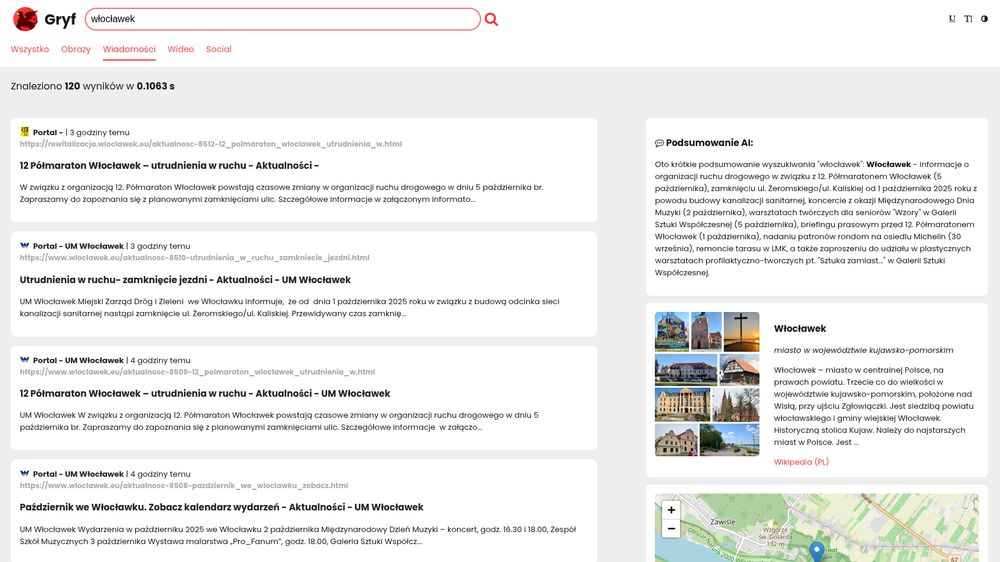 Zrzut ekranu z projektu własnej wyszukiwarki internetowej. Na screenie standardowy układ strony z wynikami wyszukiwania znany z innych wyszukiwarek. Widać w wynikach wyszukiwania dla zapytania "Włocławek" różne artykuły z podanym czasem publikacji, po prawej stronie bloczki z podsumowaniem AI, infoboxem z Wikipedii oraz mapą z OpenStreetMap