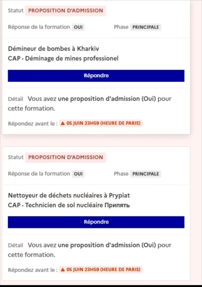 proposition d'emploi "démineur de bombes à kharkiv" et "nettoyeur de déchets nucléaires à prypiat"