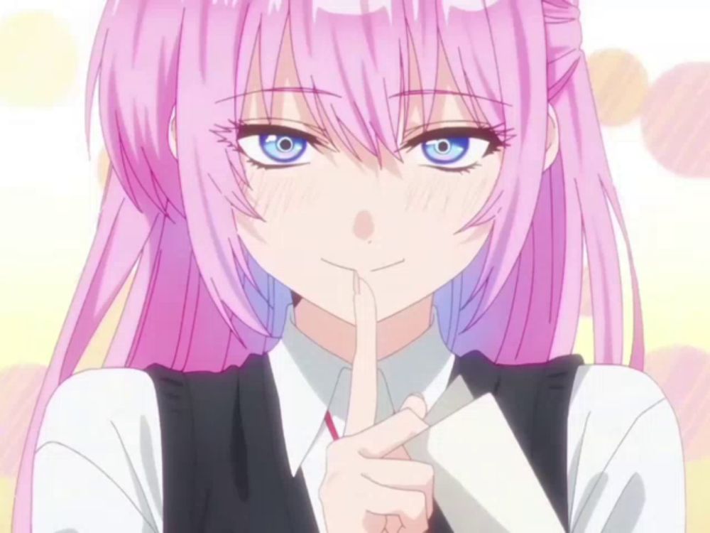 a girl with pink hair and blue eyes has her finger to her mouth