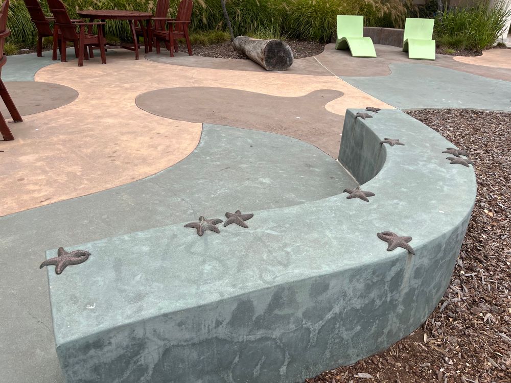 A curved bench with 3D starfish sculptures scattered on the surface