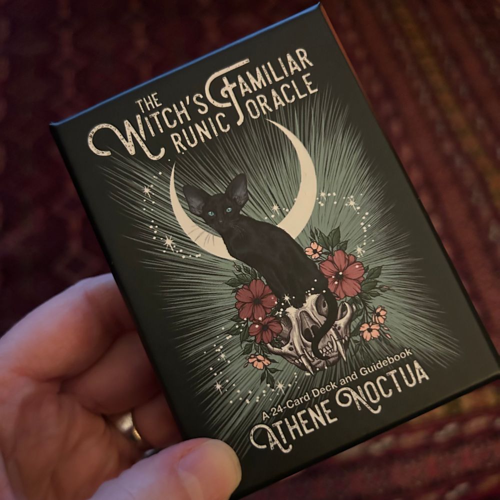 A hand holds The Witch’s Familiar Runic Oracle by Athena Noctua. 