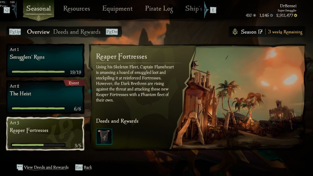 The Seasonal Tab in Sea of Thieves showing two tasks aren't done yet since they increased the requirement with the Hotfix. The unlocked reward still stays unlocked.