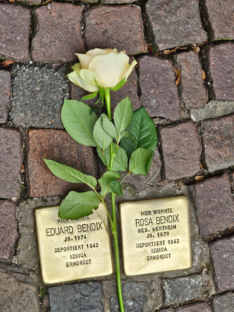 HIER WOHNTE 
ROSA BENDIX 
GEB. WERTHEIM 
JG. 1879 
DEPORTIERT 1942 
IZBICA 
ERMORDET

HIER WOHNTE
EDUARD BENDIX
JG.1874
DEPORTIERT 1942
IZBICA
ERMORDET