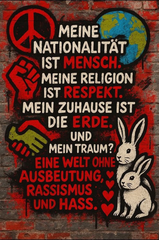 MEINE NATIONALITÄT IST MENSCH. MEINE RELIGION IST RESPEKT. MEIN ZUHAUSE IST DIE ERDE. UND MEIN TRAUM?

EINE WELT OHNE AUSBEUTUNG, RASSISMUS UND HASS.

Mensch, Respekt, Erde, Welt ohne... in rot geschrieben, der Rest weiß, Hintergrund eine Klinkerwand.
Eine Erde, eine Faust, ein Handschlag unterschiedlich farbiger Hände und zwei weisse Hasen sind daneben an unterschiedlichen Stellen gemalt. 