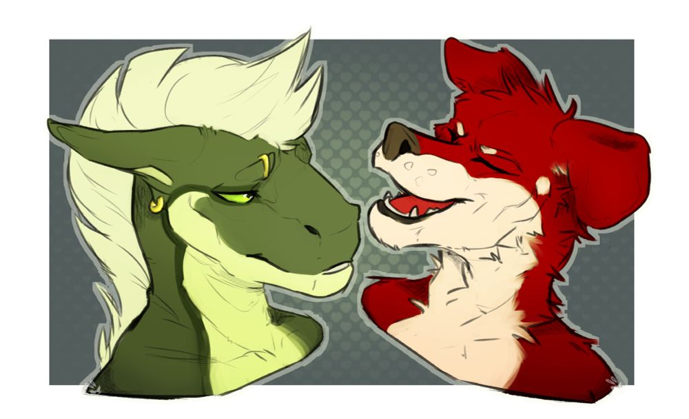 Kajetas, green reptile on the left with white hair and golden piercings on his ear lobe and brow, looks with love at Face, a red Australian kelpie who is laughing, as if he'd just been told a joke.