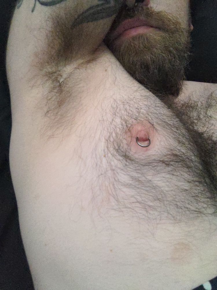 Hairy armpit, pierced nipple, beard