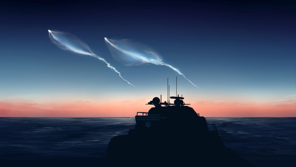 drawing of two rocket launch from the distance