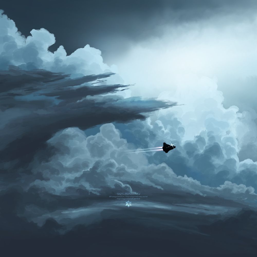 drawing of a spaceplane doing a turn in front of some cumulonimbus clouds